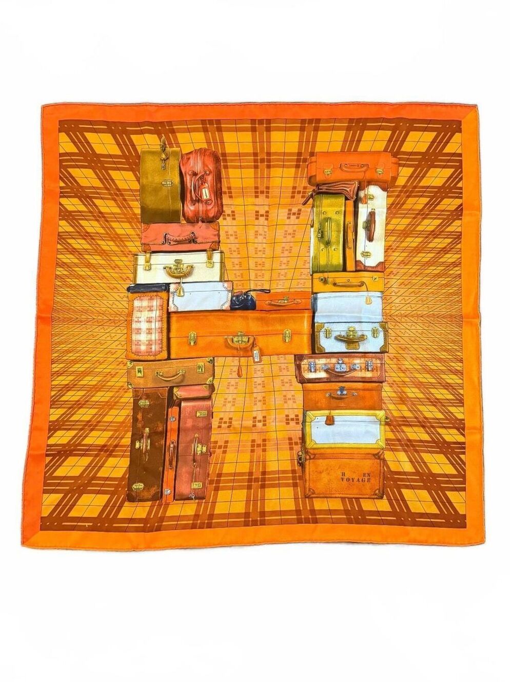 Hermes H En Voyage Carre 70 Vintage Silk Scarf Orange Luggage Plaid 25.5"